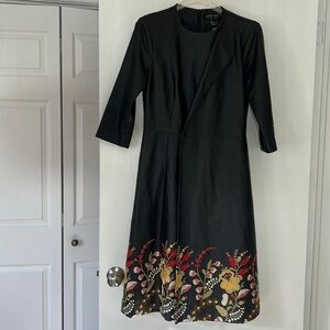 FRONT ROW Faux wrap embroidered a line 3/4 sleeve dress black 4 faux leather